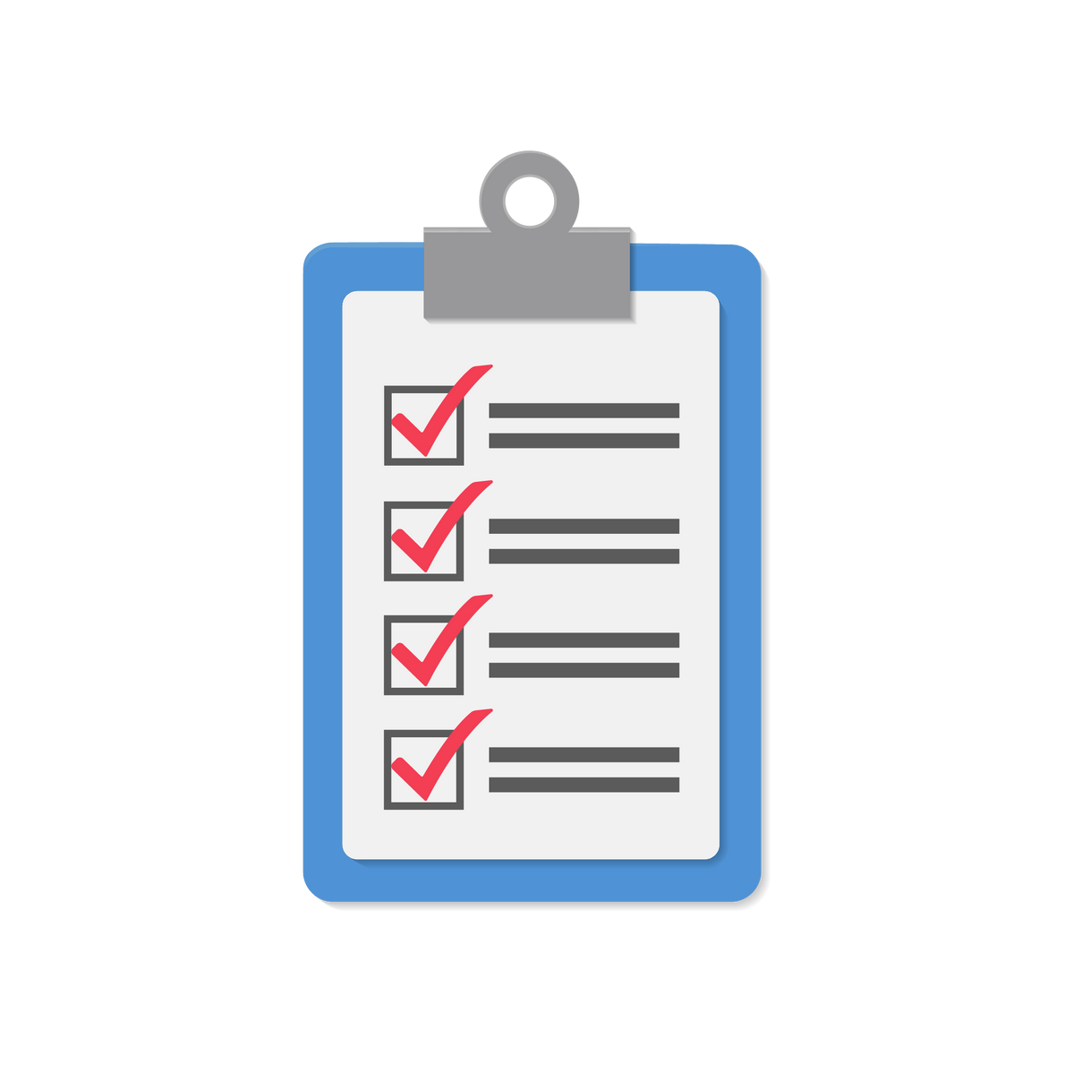 A flat vector illustration of a clipboard with a blue border, gray clip, white paper, and a checklist with four red checkmarks, shown on a light gray background.