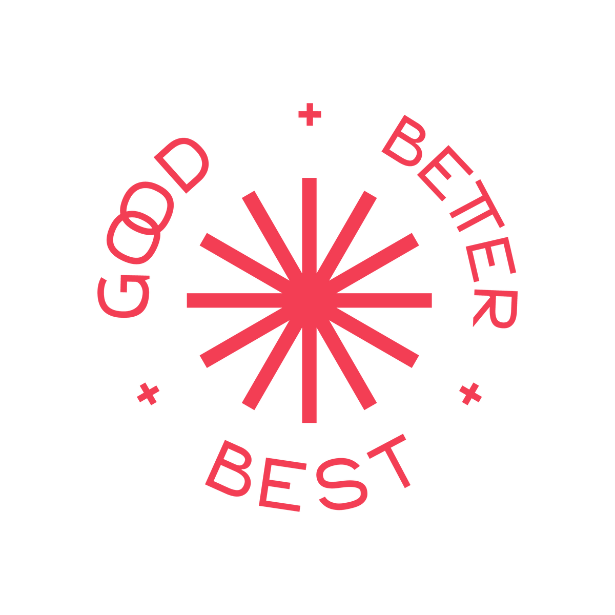 A red circular graphic with the words 'GOOD BETTER BEST' arranged around a central burst shape on a white background.