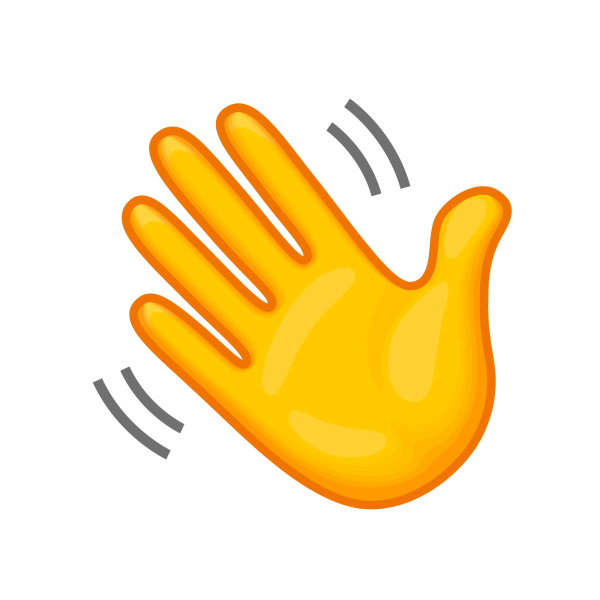 A yellow and orange waving hand emoji with gray motion lines on a plain white background.